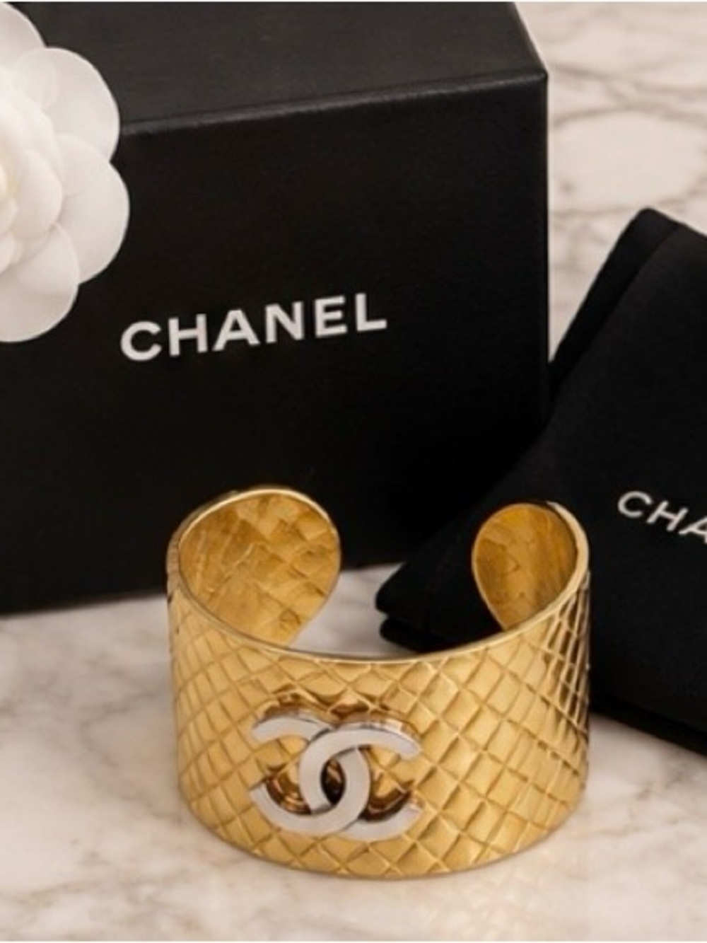 Chanel Vintage 1998 Gold & Silver Quilted CC Cuff Bracelet